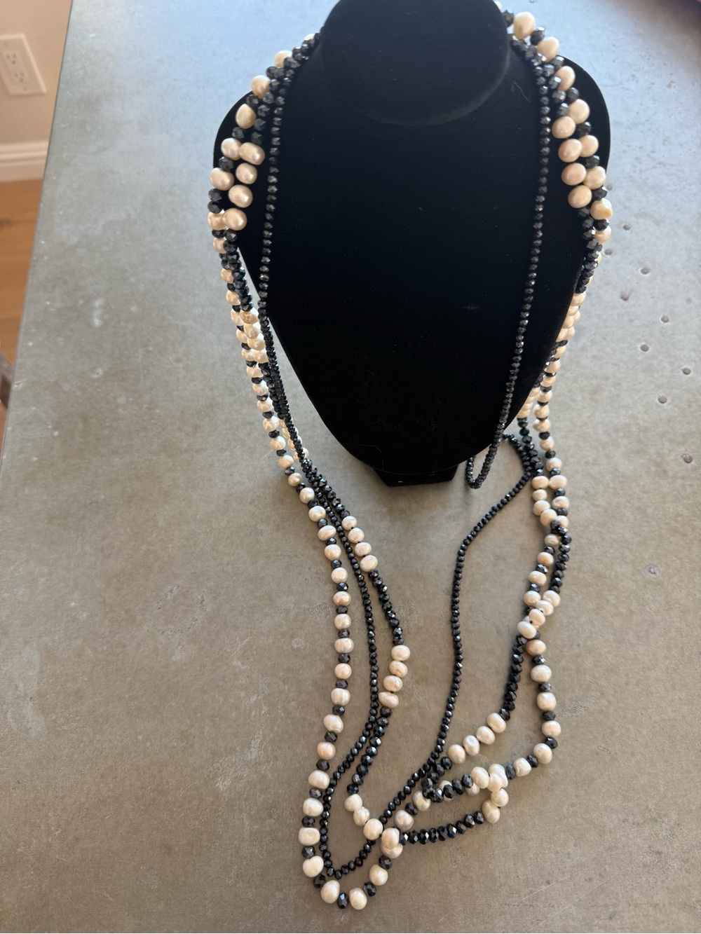 Multi-Strand Black and Cream Beaded Necklace